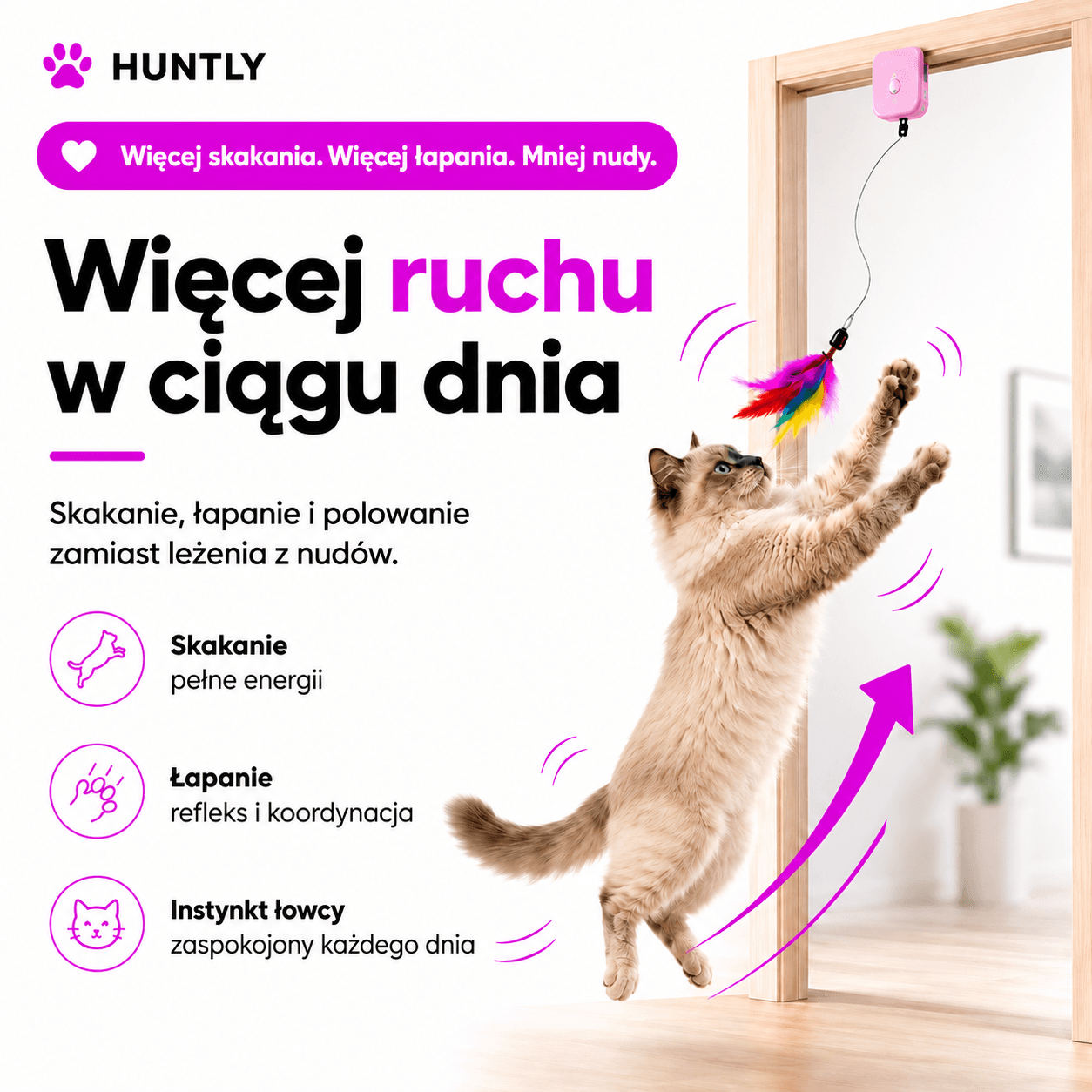 HUNTLY - Interaktywna zabawka na drzwi, która zachęca kota do skakania, łapania i zabawy.