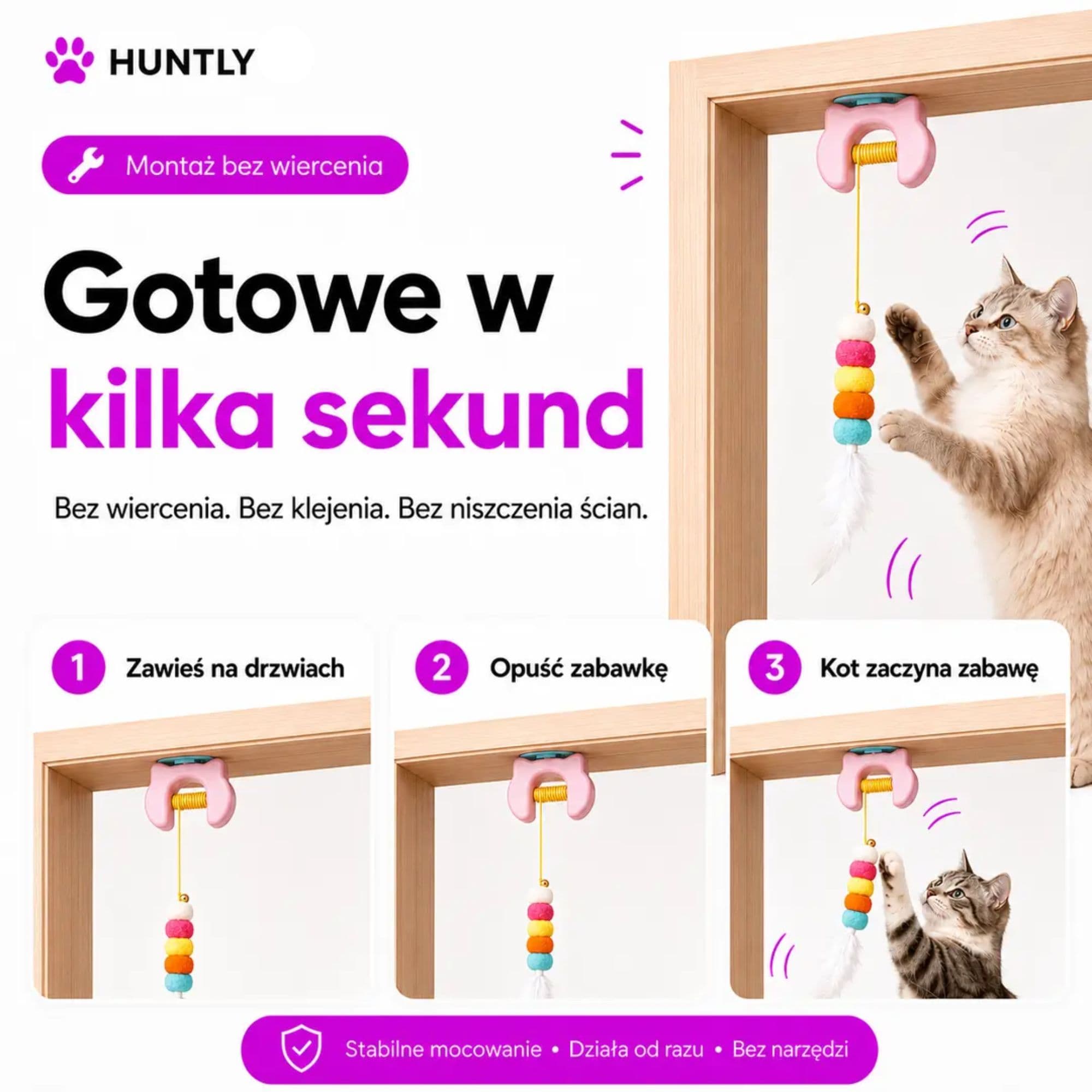 HUNTLY - Interaktywna zabawka na drzwi, która zachęca kota do skakania, łapania i zabawy.