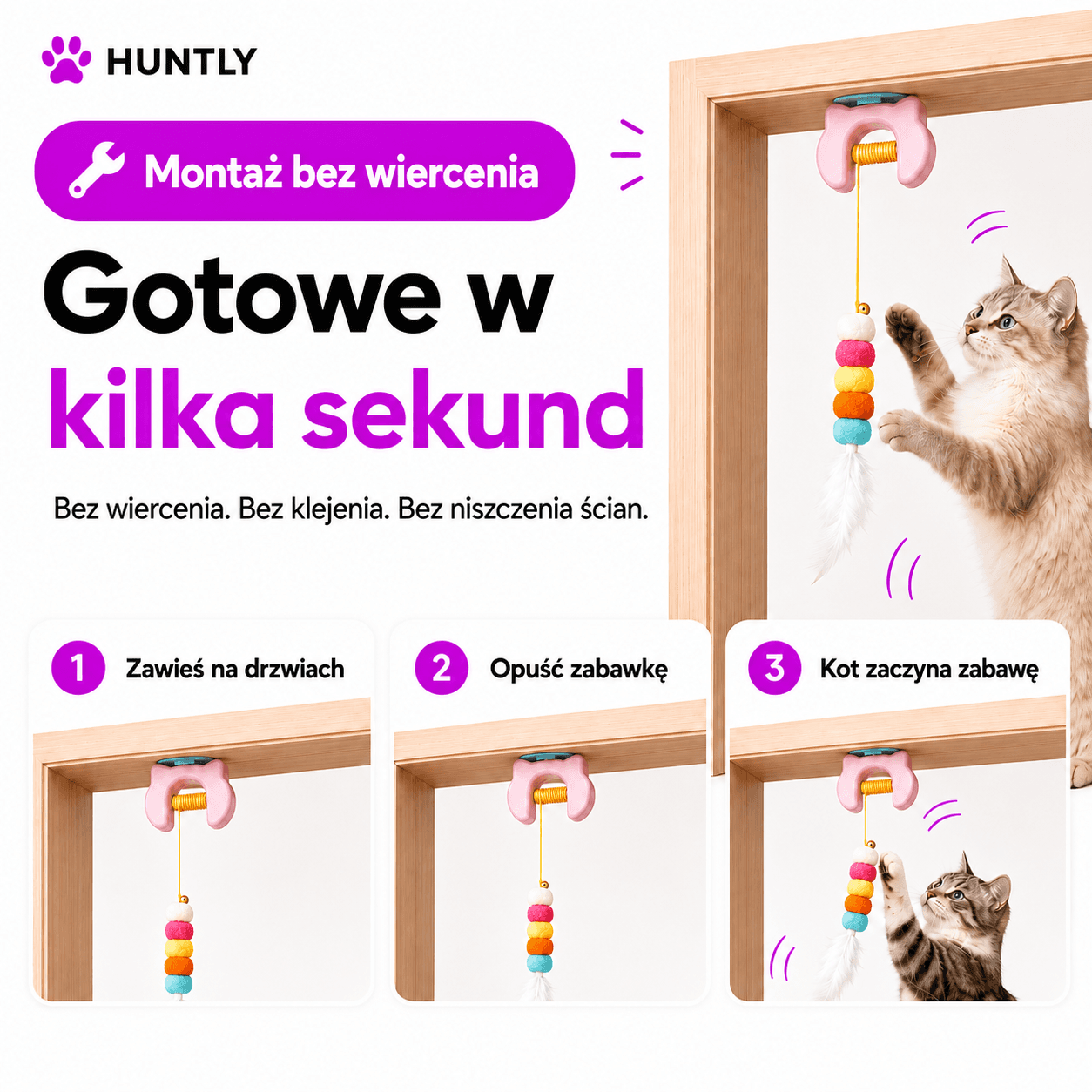 HUNTLY - Interaktywna zabawka na drzwi, która zachęca kota do skakania, łapania i zabawy.