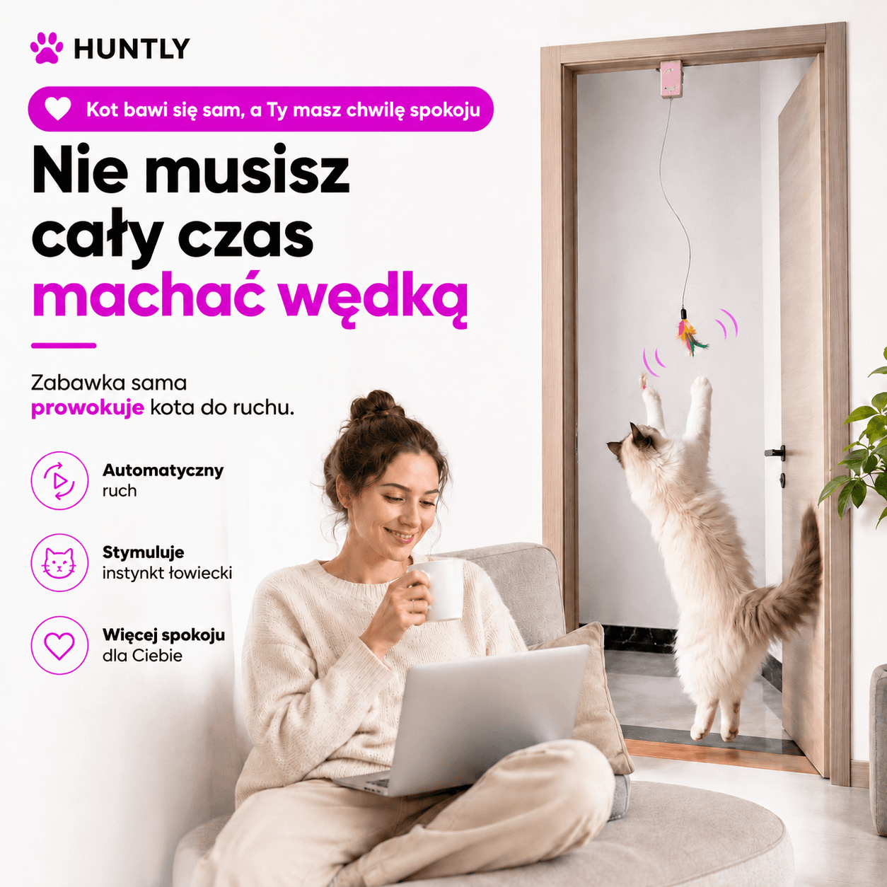 HUNTLY - Interaktywna zabawka na drzwi, która zachęca kota do skakania, łapania i zabawy.